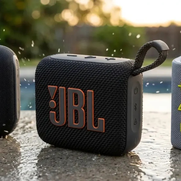 Tres bocinas portátiles compactas mojadas por salpicaduras (Anker Soundcore, JBL y Xiaomi) colocadas sobre el borde húmedo de una piscina al atardecer.