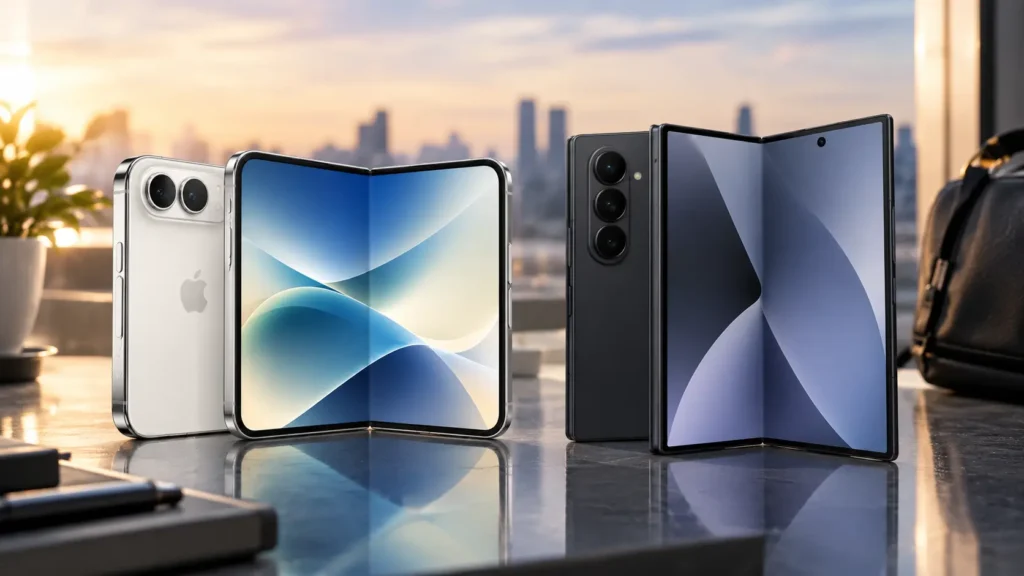 iPhone Duo y Galaxy Z Fold8 Ultra plegables en una comparativa de diseño y tecnología.