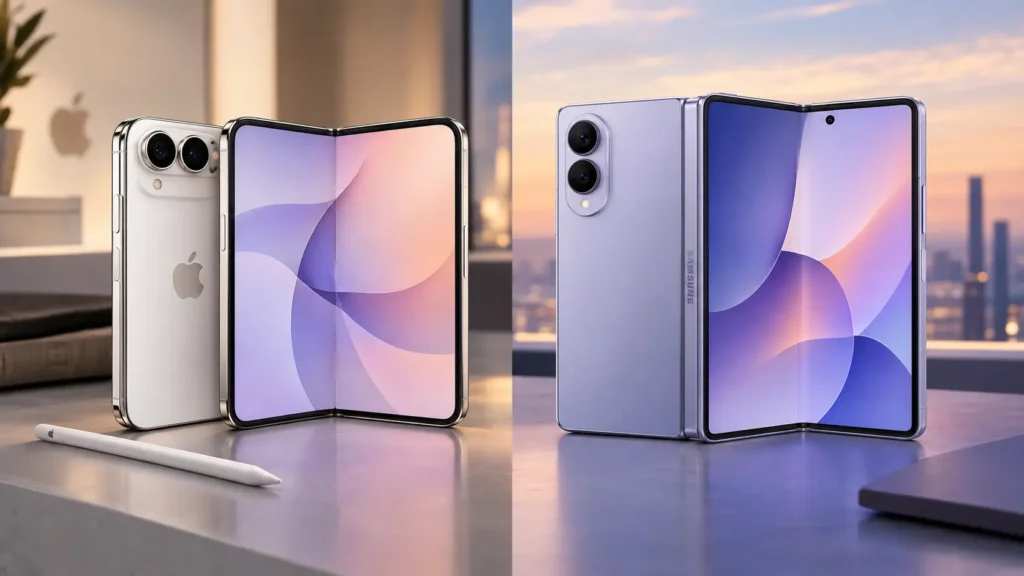 iPhone Duo y Galaxy Z Fold8 plegables en una comparativa de diseño y tecnología.