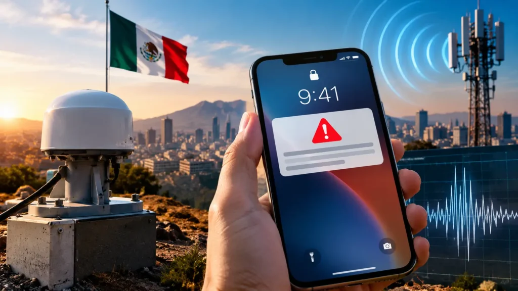 Alerta sísmica en México en un celular junto a una estación de monitoreo SASMEX.