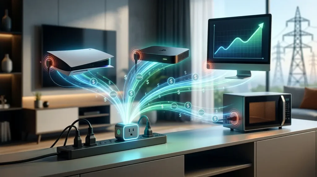 Aparatos electrónicos como consola y decodificador conectados a multicontacto con flujos de energía y símbolos de pesos, representando gasto por standby.