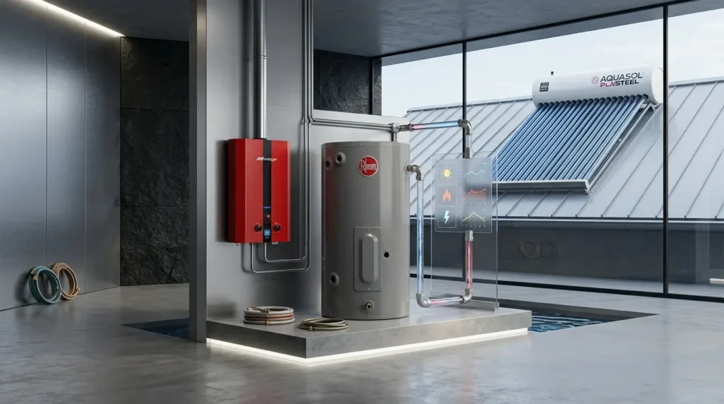 Comparación de tres sistemas de calentamiento de agua (gas, eléctrico y solar) instalados en un cuarto de servicio moderno.