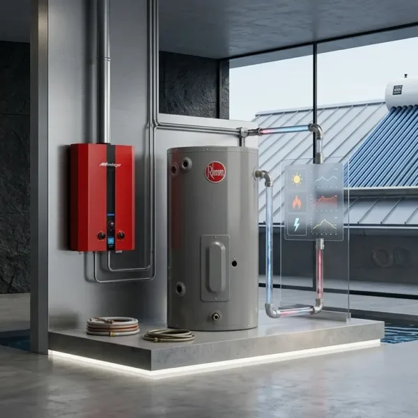 Comparación de tres sistemas de calentamiento de agua (gas, eléctrico y solar) instalados en un cuarto de servicio moderno.