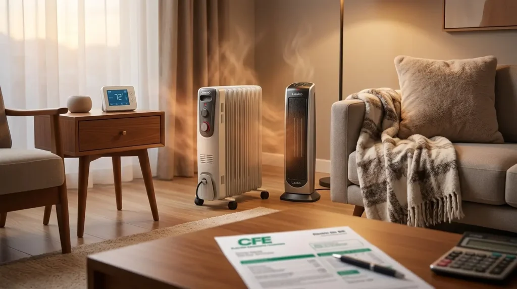 Calefactores eléctricos Lasko y De'Longhi en sala con recibo CFE.