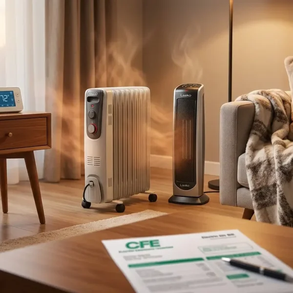 Calefactores eléctricos Lasko y De'Longhi en sala con recibo CFE.