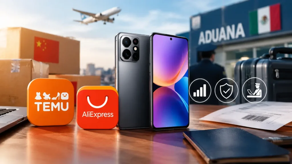 Celulares de Temu y AliExpress con cajas de envío, bandas de señal y aduana en México.