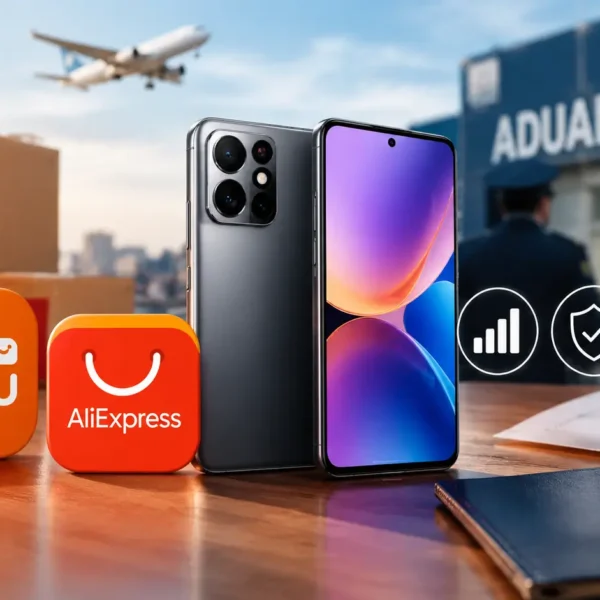 Celulares de Temu y AliExpress con cajas de envío, bandas de señal y aduana en México.