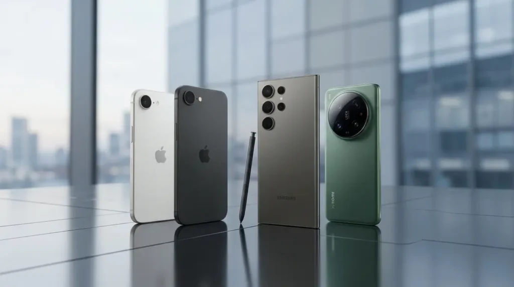 Cuatro smartphones de alta gama (Apple, Samsung, Xiaomi) y un S Pen sobre una superficie de cristal con una ciudad de fondo.