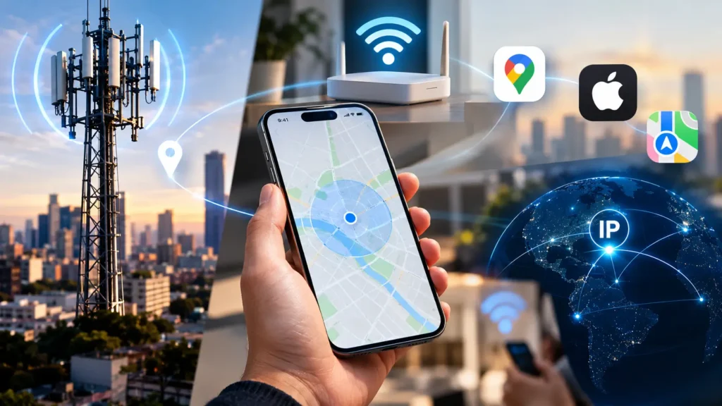 Celular con maps de Apple con apps a la derecha de google, apple e icono de IP.