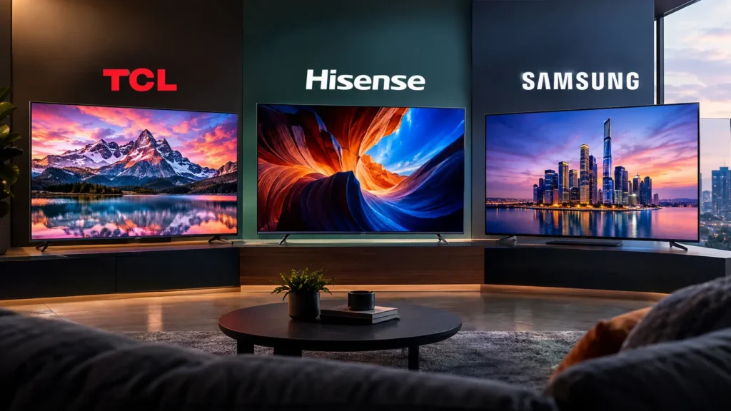 Comparativa de pantallas TCL, Hisense y Samsung en una sala moderna.