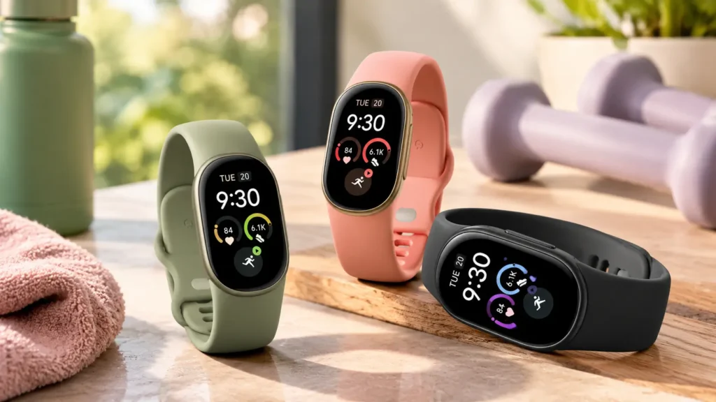 Smartwatches deportivos en colores negro, coral y verde oliva con pantalla digital y funciones de monitoreo de actividad física.