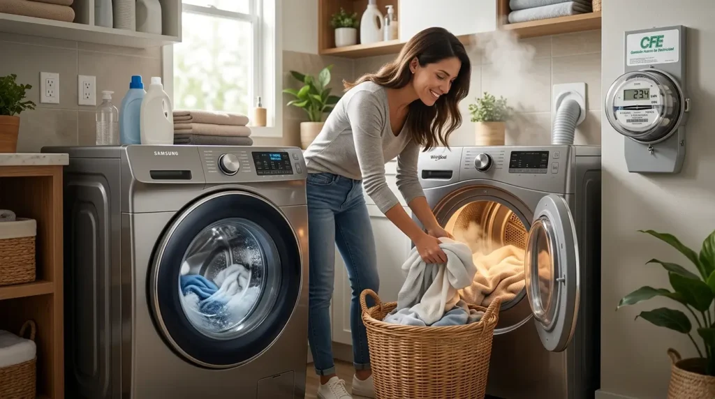 Una mujer saca ropa de una secadora Whirlpool humeante en un cuarto de lavado con una lavadora Samsung y un medidor de luz CFE.