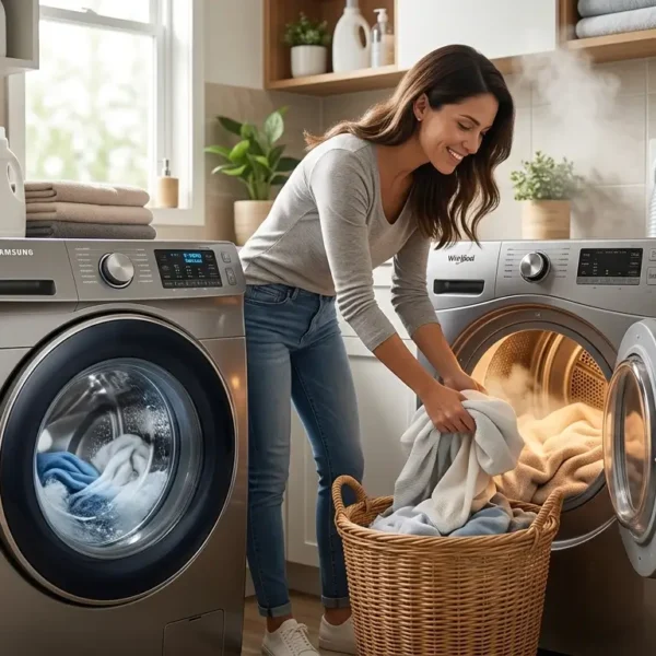 Una mujer saca ropa de una secadora Whirlpool humeante en un cuarto de lavado con una lavadora Samsung y un medidor de luz CFE.