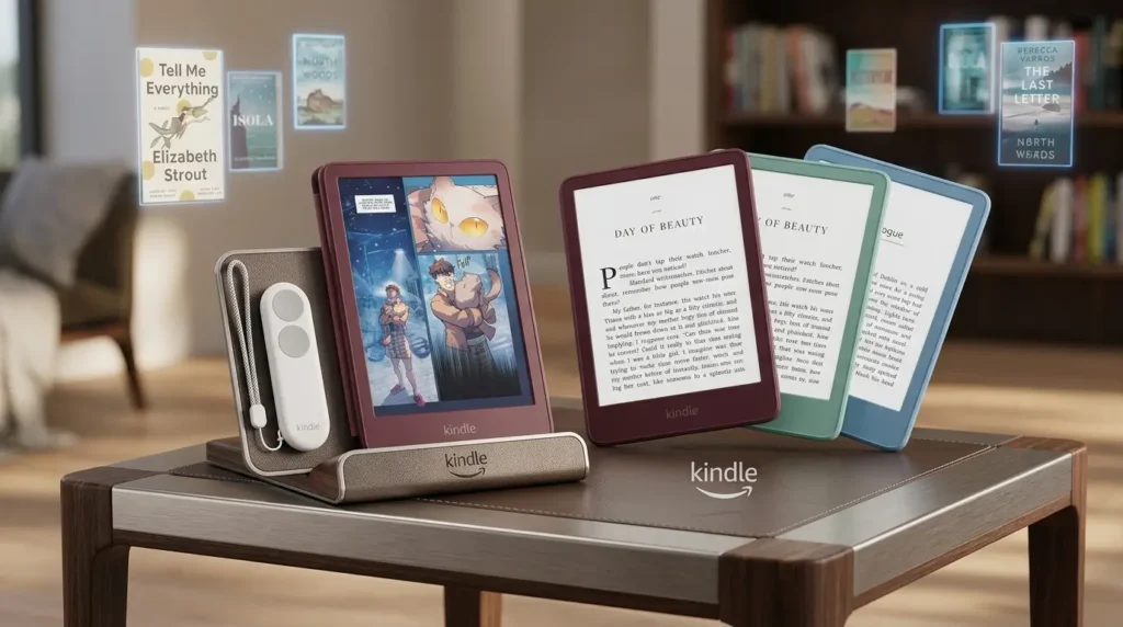 Varias nuevas Kindle en una elegante base de cuero y madera en un interior moderno con portadas de libros flotantes.