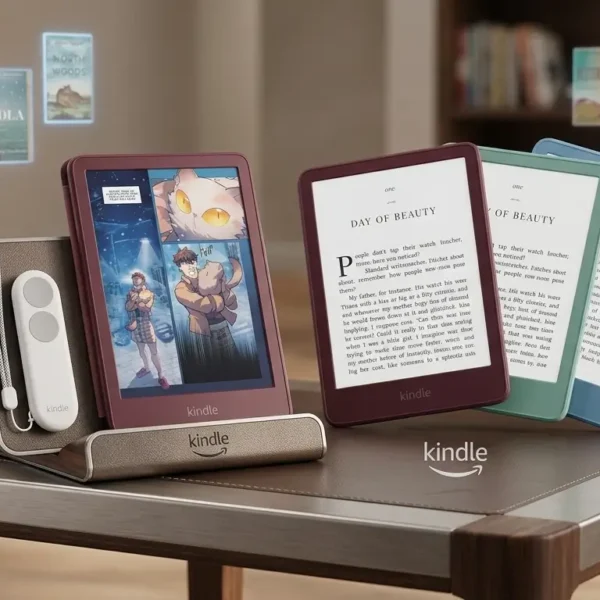 Varias nuevas Kindle en una elegante base de cuero y madera en un interior moderno con portadas de libros flotantes.