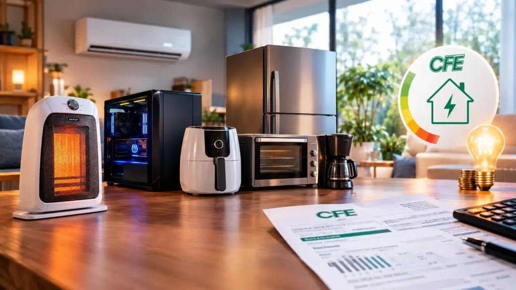 Electrodomésticos de alto consumo eléctrico y recibo de CFE para identificar qué aparato puede elevarte a la tarifa DAC.