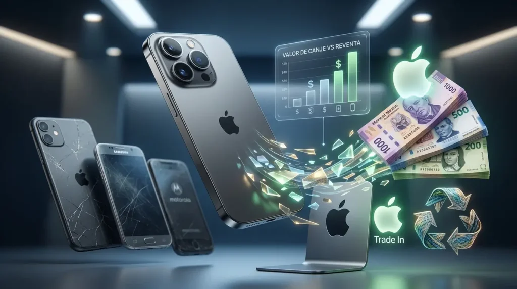 Una imagen minimalista de un iPhone 13 Pro en el centro, rodeado de un gráfico de barras circular que muestra una tendencia al alza, y un fajo de billetes de peso mexicano en la parte inferior. Esta imagen utiliza un diseño limpio y moderno para resaltar el valor y el potencial de rentabilidad del iPhone 13 Pro en México.