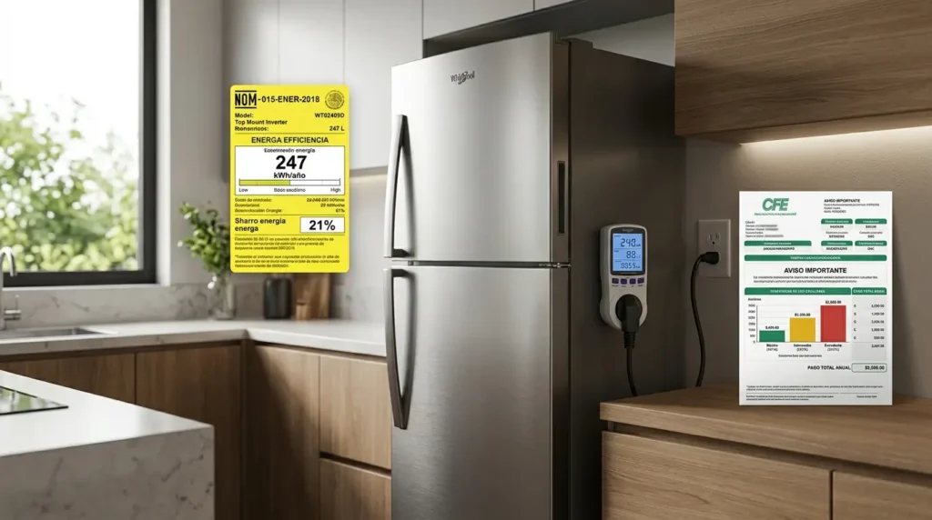 Refrigerador de acero inoxidable Whirlpool en cocina moderna, con etiqueta amarilla NOM de eficiencia energética, medidor de consumo CFE y recibo de luz que detalla costos.