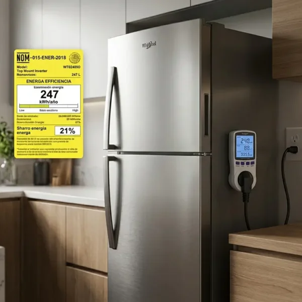 Refrigerador de acero inoxidable Whirlpool en cocina moderna, con etiqueta amarilla NOM de eficiencia energética, medidor de consumo CFE y recibo de luz que detalla costos.