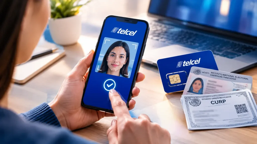 Persona registrando su línea Telcel con CURP mediante verificación facial en un celular.