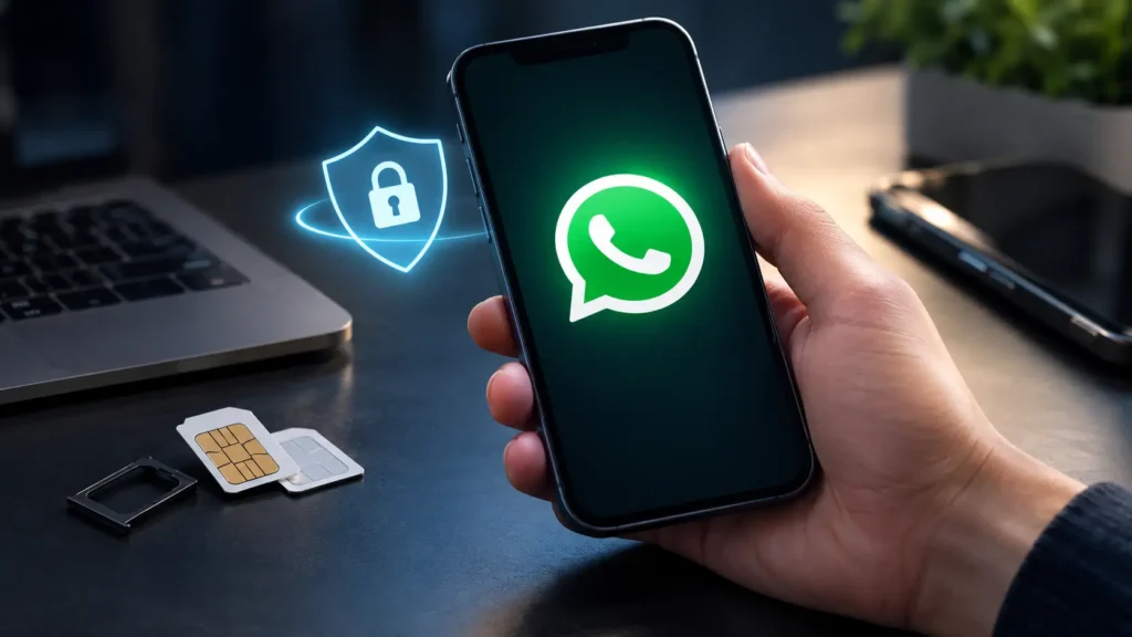 Celular con WhatsApp y SIM duplicada para ilustrar el robo de cuenta y la seguridad digital.