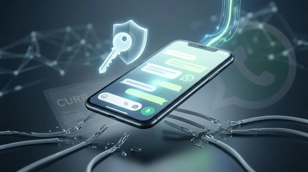 Smartphone suspendido con burbujas de chat de WhatsApp, clave de seguridad neón, tarjeta CURP visible y cables de datos cortados.